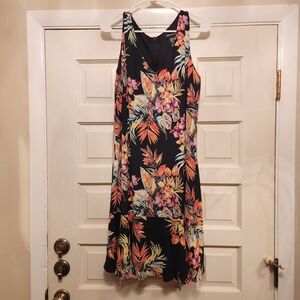 Tropical Bloom Sleeveless Midi Dress Soft Works XL Black Lined V-Neck